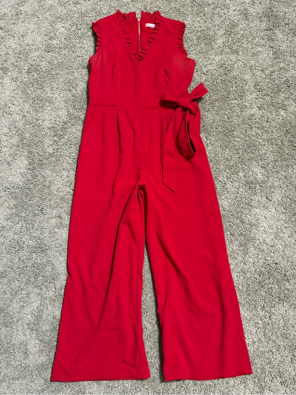 Women’s' Calvin Klein Red Sleeveless Jumpsuit with Ruffle V-Neck and Waist Tie